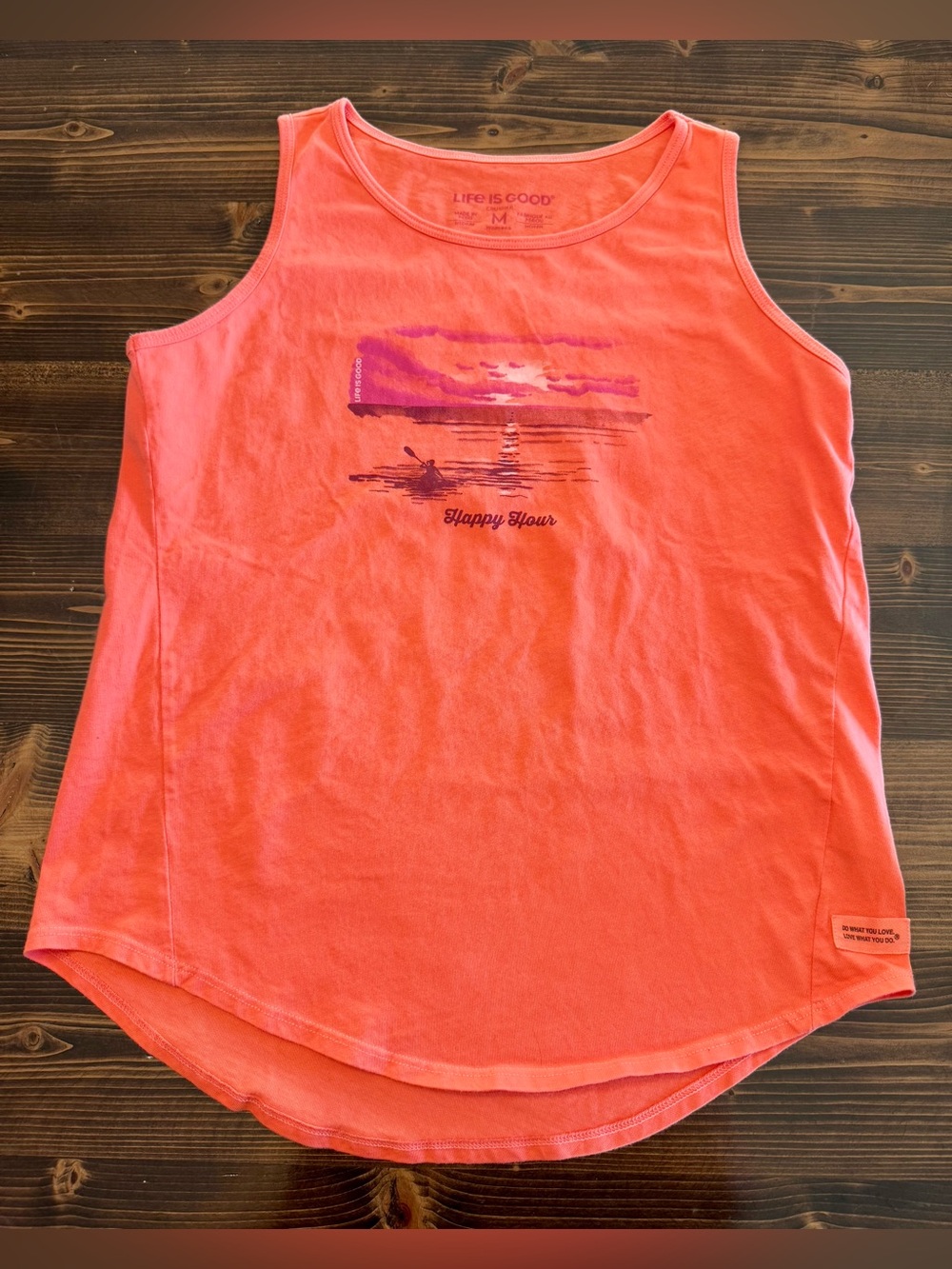 Life Is Good “Happy Hour” Orange Tank Top with Purple Kayak Graphic M